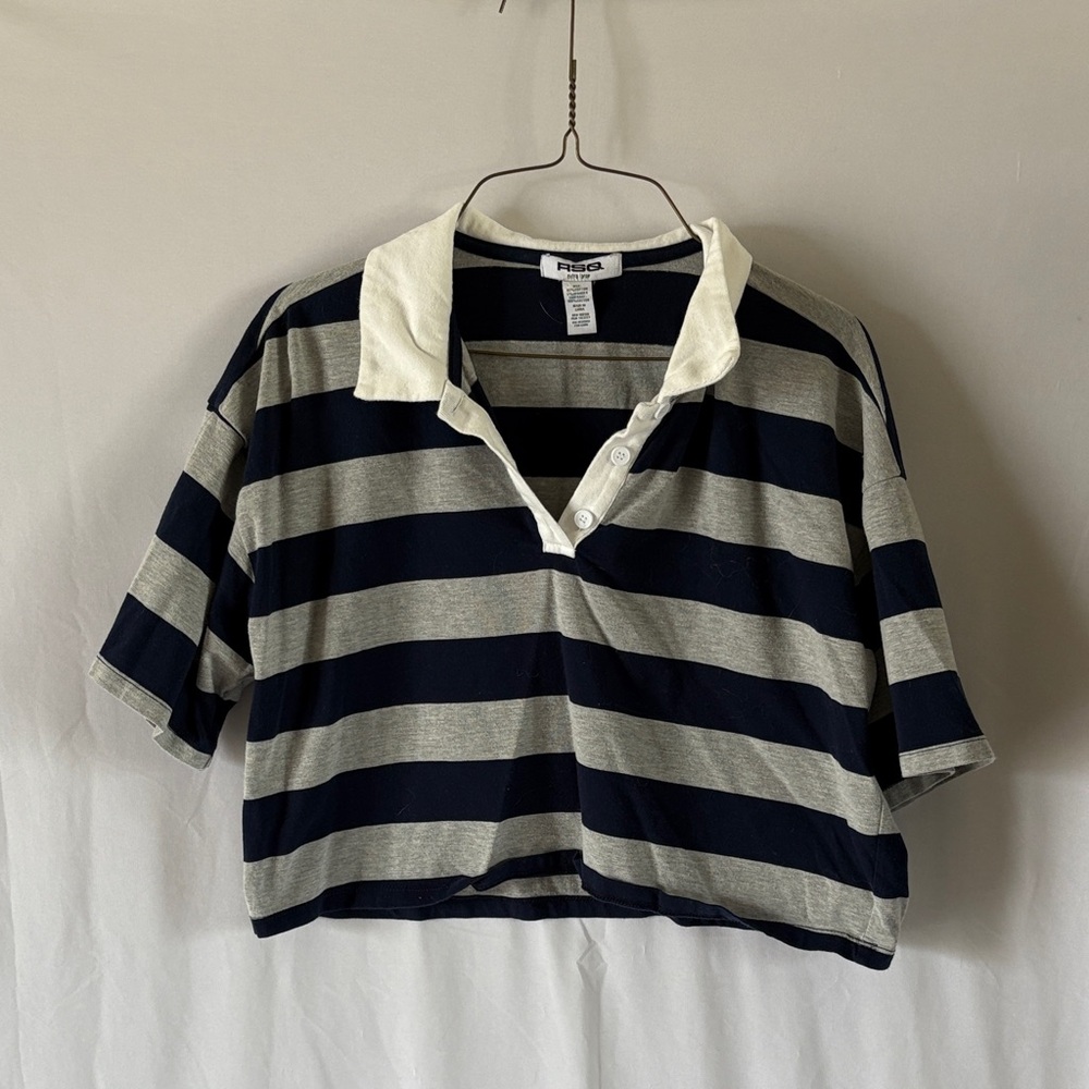 RSQ Navy & Heather Gray Striped Rugby Crop Top